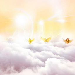 Several serene angels with golden halos and ethereal glowing wings, floating among fluffy white clouds under a radiant, pastel-colored sky.