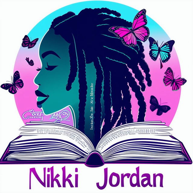 A vibrant and colorful logo for a book featuring an open book with a silhouette of a woman with dreadlocks, surrounded by butterflies, and the names 'Nikki Jordan' and 'Chyna Sun Publishing'