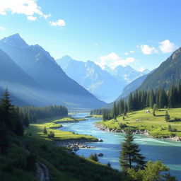 Generate a beautiful and serene landscape with mountains, a river, and a clear blue sky