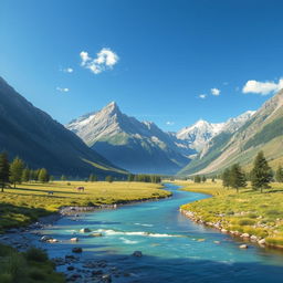 Generate a beautiful and serene landscape with mountains, a river, and a clear blue sky