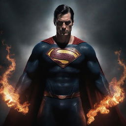 Superman with elements of a devil like fiery red eyes, dark horns and a caped silhouette, embodying both heroism and menace.