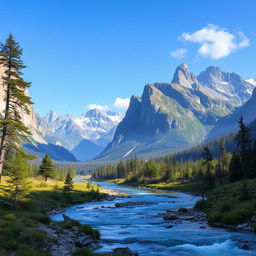 Generate a beautiful and serene landscape with mountains, a river, and a clear blue sky