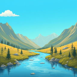 Generate a beautiful and serene landscape with mountains, a river, and a clear blue sky