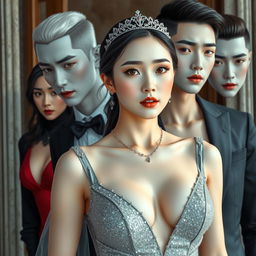 Create a novel cover featuring a stunningly beautiful Korean woman with milky white skin, dressed in a luxurious, sparkling gray gown that reveals her cleavage