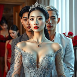 Create a novel cover featuring a stunningly beautiful Korean woman with milky white skin, dressed in a luxurious, sparkling gray gown that reveals her cleavage