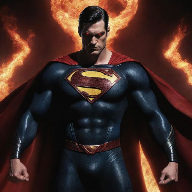 Superman with elements of a devil like fiery red eyes, dark horns and a caped silhouette, embodying both heroism and menace.