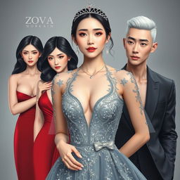 Create a novel cover featuring a stunningly beautiful Korean woman with milky white skin, dressed in a luxurious, sparkling gray gown that reveals her cleavage