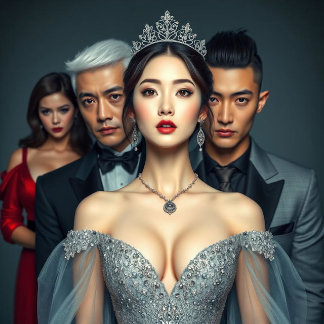 Create a novel cover featuring a stunningly beautiful Korean woman with milky white skin, dressed in a luxurious, sparkling gray gown that reveals her cleavage