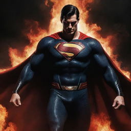 Superman with elements of a devil like fiery red eyes, dark horns and a caped silhouette, embodying both heroism and menace.