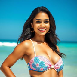 A beautiful Indian woman posing confidently in a bikini on a beach