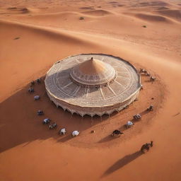 Aerial view of a stunning Arabic design tent, intricately decorated, tucked in a vast desert landscape with camels peacefully grazing in the background.