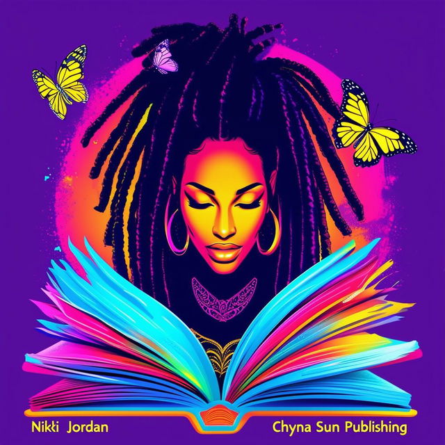 A vibrant and colorful logo for a book featuring an open book with a silhouette of a woman with dreadlocks, surrounded by butterflies, and the names 'Nikki Jordan' and 'Chyna Sun Publishing'