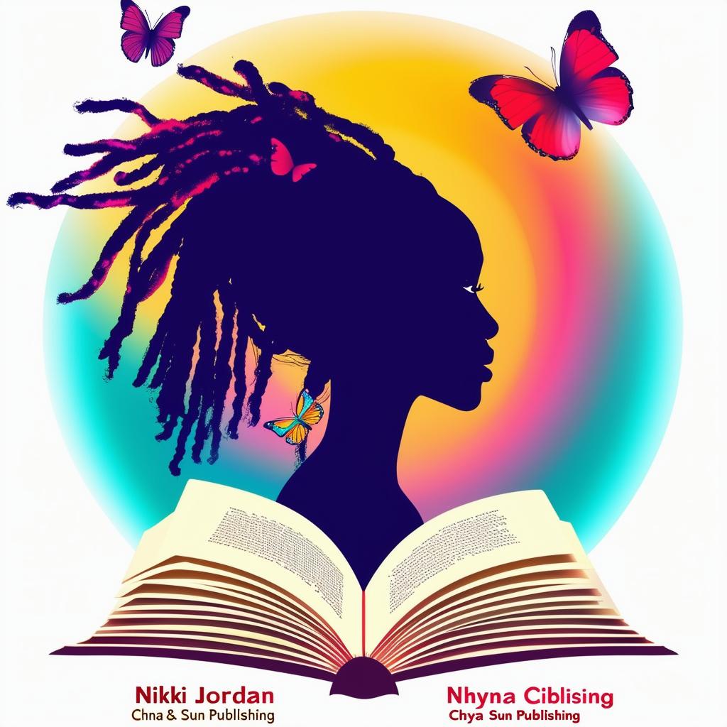 A vibrant and colorful logo for a book featuring an open book with a silhouette of an ethnic woman with dreadlocks, surrounded by butterflies, and the names 'Nikki Jordan' and 'Chyna Sun Publishing'