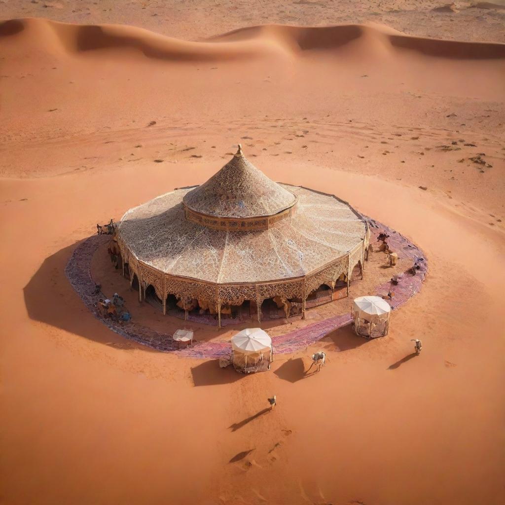 Aerial view of a stunning Arabic design tent, intricately decorated, tucked in a vast desert landscape with camels peacefully grazing in the background.