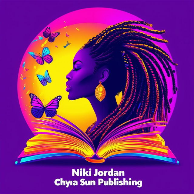 A vibrant and colorful logo for a book featuring an open book with a silhouette of an ethnic woman with shoulder-length dreadlocks, surrounded by butterflies, and the names 'Nikki Jordan' and 'Chyna Sun Publishing'