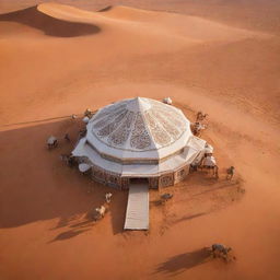 Aerial view of a stunning Arabic design tent, intricately decorated, tucked in a vast desert landscape with camels peacefully grazing in the background.