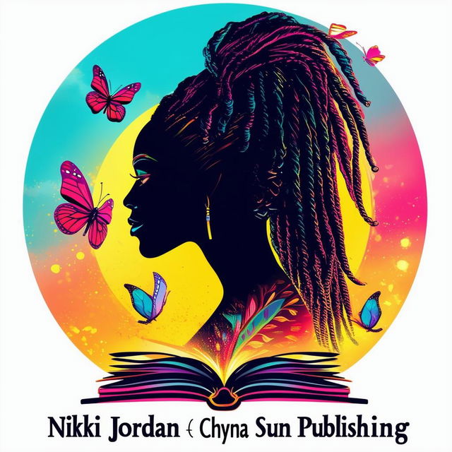 A vibrant and colorful logo for a book featuring an open book with a silhouette of an ethnic woman with shoulder-length dreadlocks, surrounded by butterflies, and the names 'Nikki Jordan' and 'Chyna Sun Publishing'