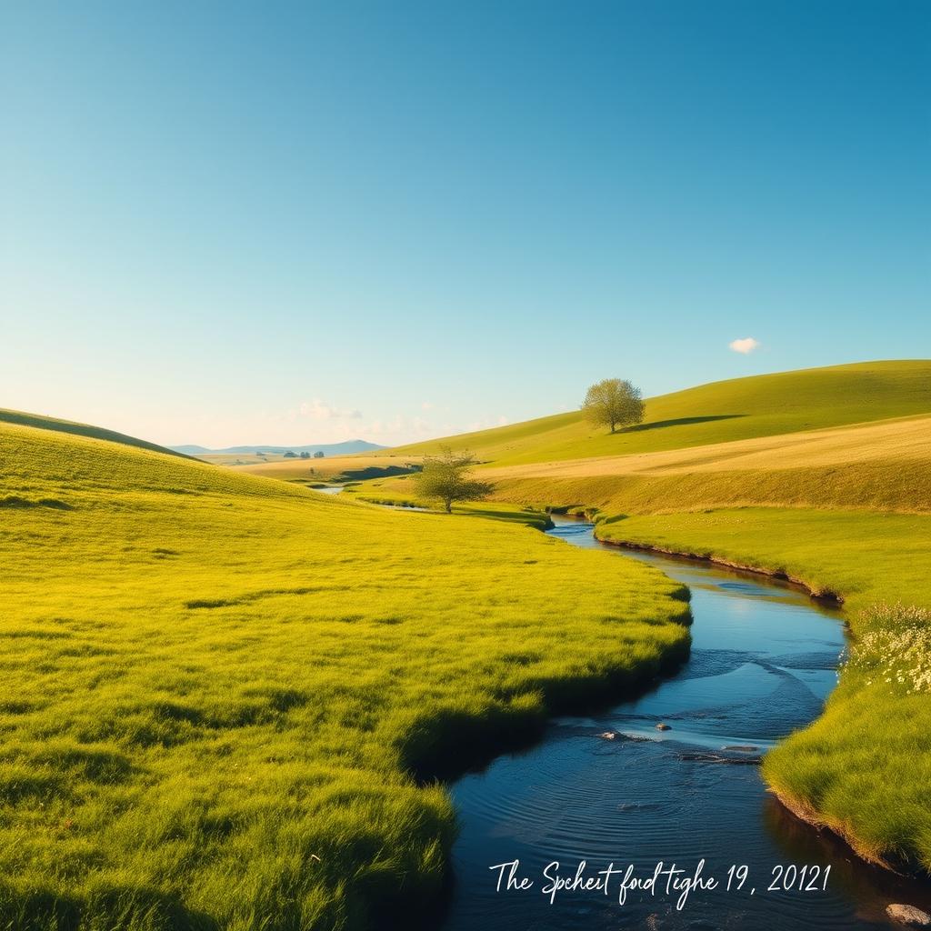 Create an image of a serene landscape with a clear blue sky, lush green meadows, and a calm river flowing through the scene