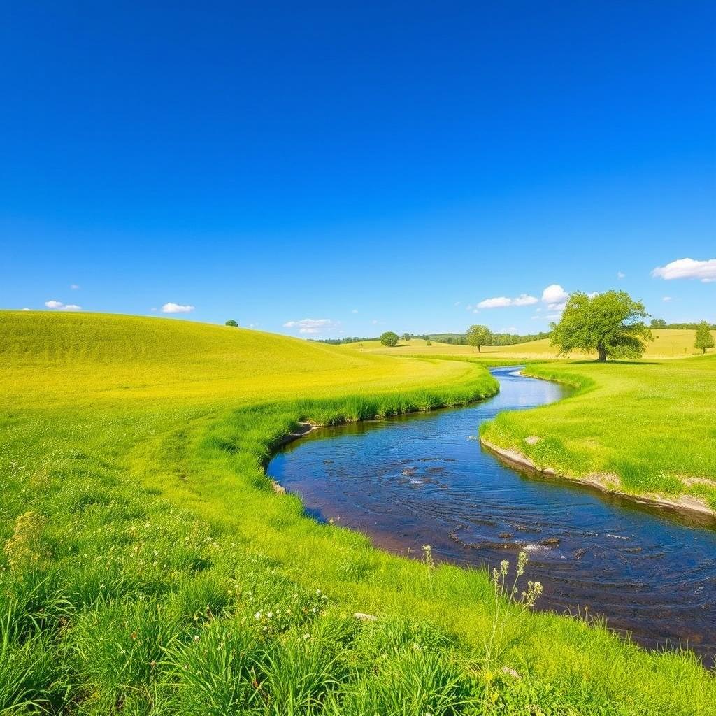 Create an image of a serene landscape with a clear blue sky, lush green meadows, and a calm river flowing through the scene