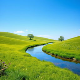 Create an image of a serene landscape with a clear blue sky, lush green meadows, and a calm river flowing through the scene