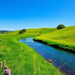 Create an image of a serene landscape with a clear blue sky, lush green meadows, and a calm river flowing through the scene