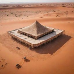 Aerial view of a stunning Arabic design tent, intricately decorated, tucked in a vast desert landscape with camels peacefully grazing in the background.