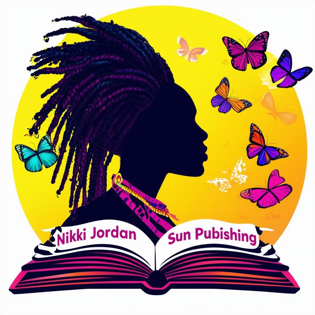 A vibrant and colorful logo for a book featuring an open book with a silhouette of an ethnic woman with dreadlocks, surrounded by butterflies, and the names 'Nikki Jordan' and 'Chyna Sun Publishing'