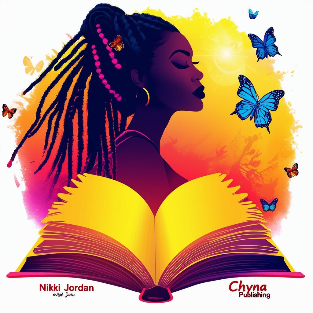 A vibrant and colorful logo for a book featuring an open book with a silhouette of an ethnic woman with dreadlocks, surrounded by butterflies, and the names 'Nikki Jordan' and 'Chyna Sun Publishing'