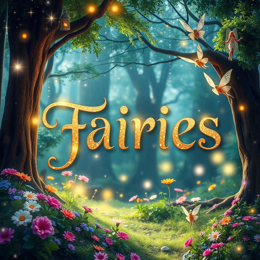 Create a magical and glittery film cover with the title about fairies