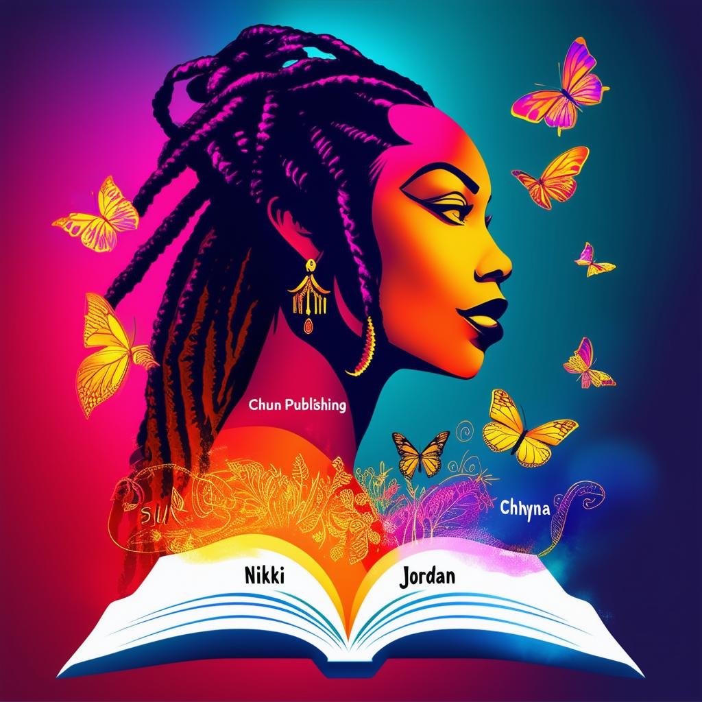 A vibrant and colorful logo for a book featuring an open book with a silhouette of an ethnic woman with dreadlocks, surrounded by butterflies, and the names 'Nikki Jordan' and 'Chyna Sun Publishing'