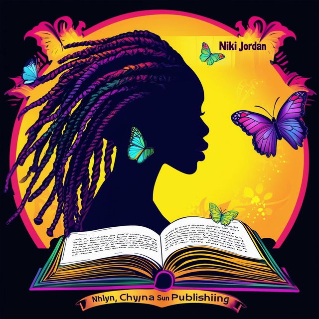 A vibrant and colorful logo for a book featuring an open book with a silhouette of a woman with dreadlocks, surrounded by butterflies, and the names 'Nikki Jordan' and 'Chyna Sun Publishing'