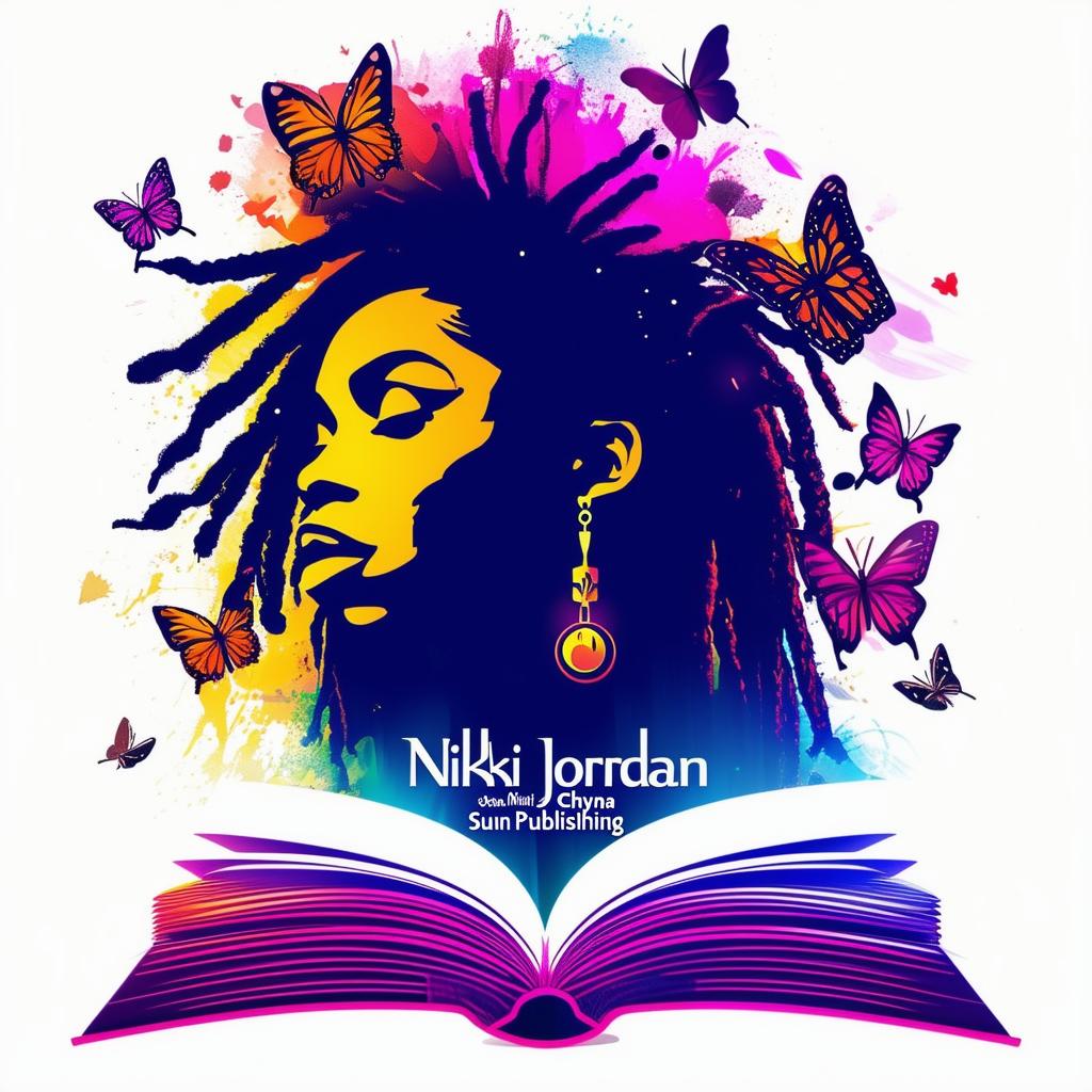 A vibrant and colorful logo for a book featuring an open book with a silhouette of a woman with dreadlocks, surrounded by butterflies, and the names 'Nikki Jordan' and 'Chyna Sun Publishing'