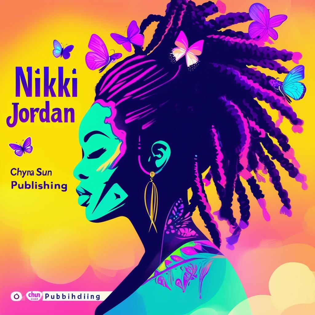 A vibrant and colorful logo for a book cover featuring a silhouette of a woman with dreadlocks, butterflies, and the names 'Nikki Jordan' and 'Chyna Sun Publishing'