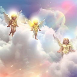 Several serene angels with golden halos and ethereal glowing wings, floating among fluffy white clouds under a radiant, pastel-colored sky.