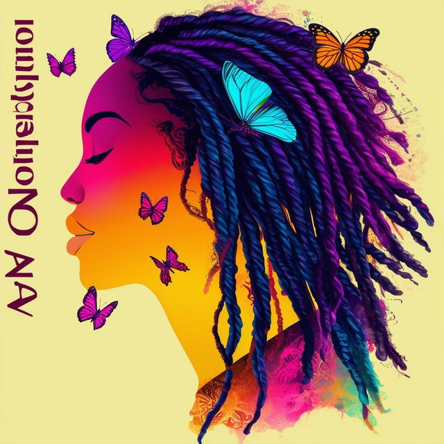 A vibrant and colorful logo for a book cover featuring a silhouette of a woman with dreadlocks, butterflies, and the names 'Monica Jordan' and 'Chyna Sun Publishing'