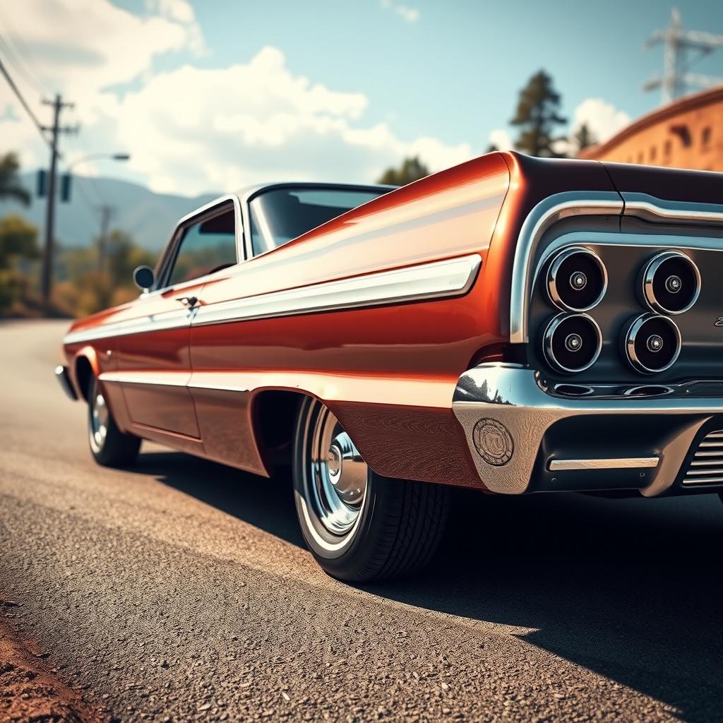 A detailed and realistic image of a 1963 Chevrolet Impala, showcasing its classic design, chrome accents, and sleek lines