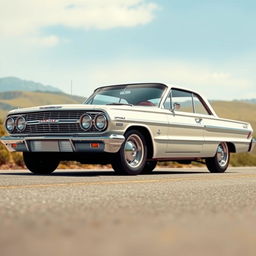 A detailed and realistic image of a 1963 Chevrolet Impala, showcasing its classic design, chrome accents, and sleek lines