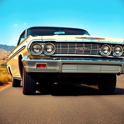 A detailed and realistic image of a 1963 Chevrolet Impala, showcasing its classic design, chrome accents, and sleek lines