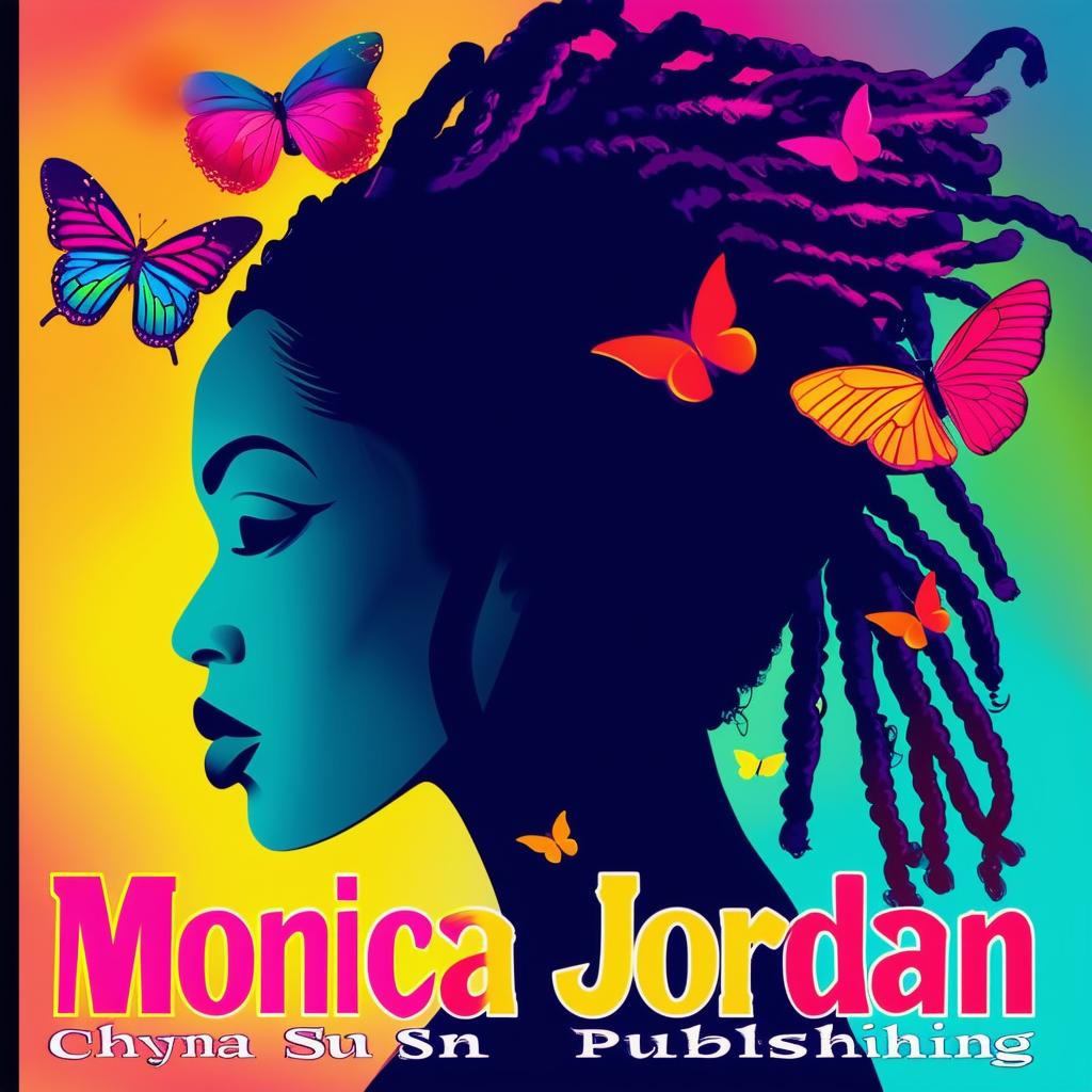 A vibrant and colorful logo for a book cover featuring a silhouette of a woman with dreadlocks, butterflies, and the names 'Monica Jordan' and 'Chyna Sun Publishing'