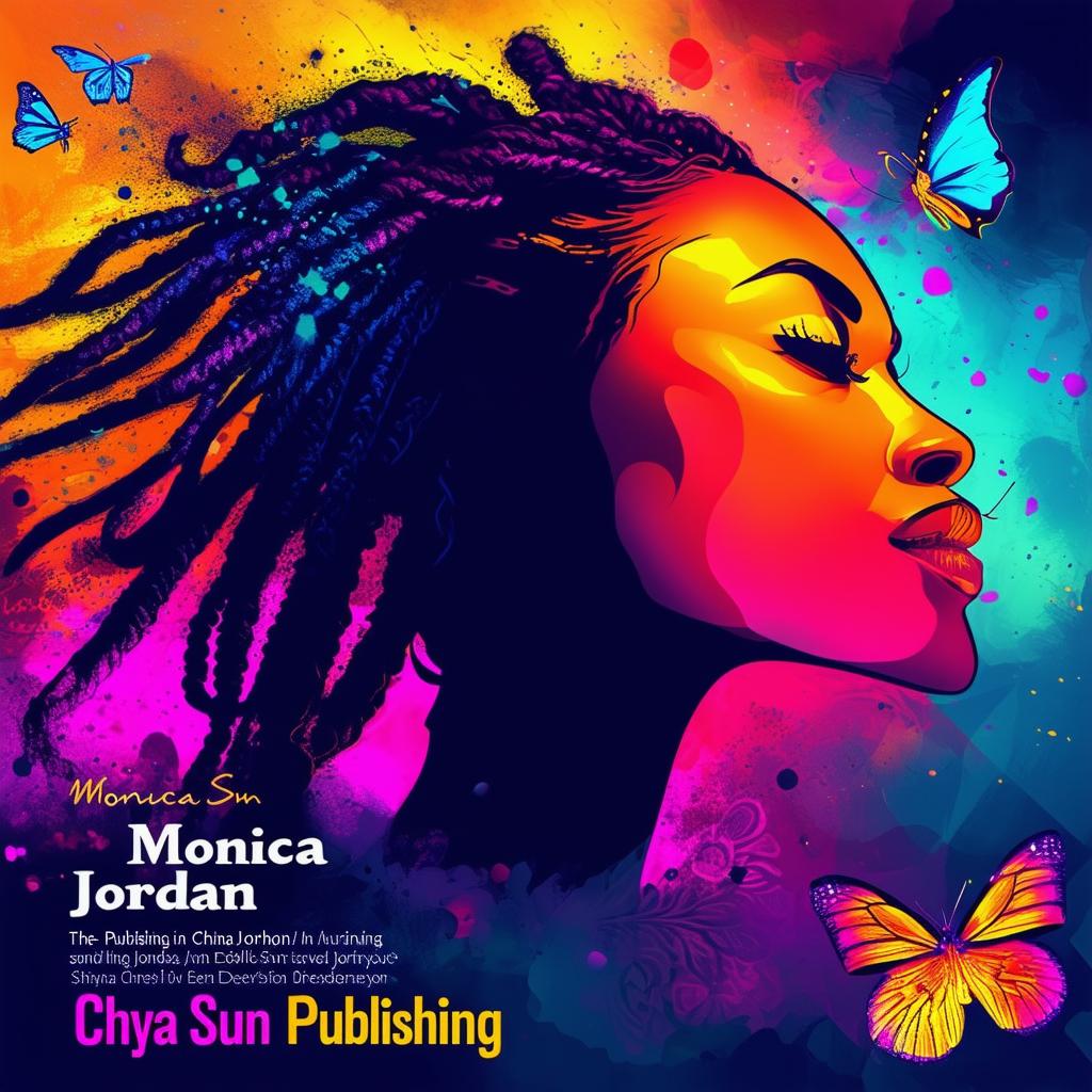 A vibrant and colorful logo for a book cover featuring a silhouette of a woman with dreadlocks, butterflies, and the names 'Monica Jordan' and 'Chyna Sun Publishing'