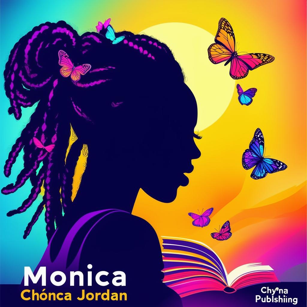 A vibrant and colorful logo for a book cover featuring a silhouette of a woman with dreadlocks, butterflies, a book, and the names 'Monica Jordan' and 'Chyna Sun Publishing'