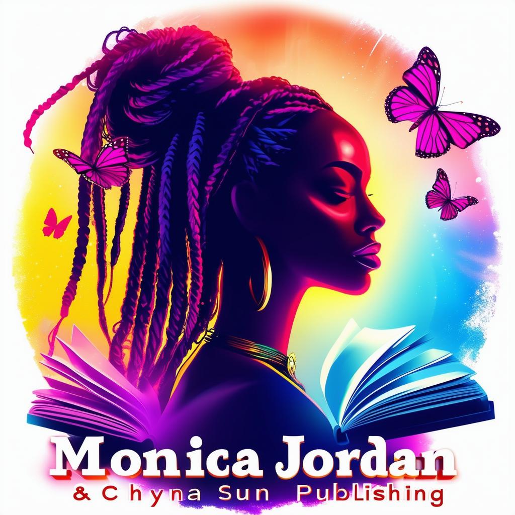 A vibrant and colorful logo for a book cover featuring a silhouette of a woman with dreadlocks, butterflies, a book, and the names 'Monica Jordan' and 'Chyna Sun Publishing'