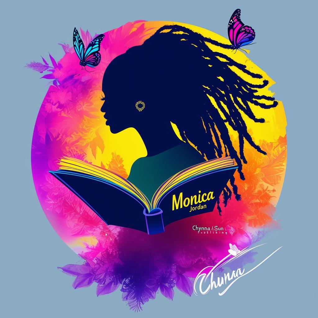 A vibrant and colorful logo for a book cover featuring a silhouette of a woman with dreadlocks, butterflies, a book, and the names 'Monica Jordan' and 'Chyna Sun Publishing'