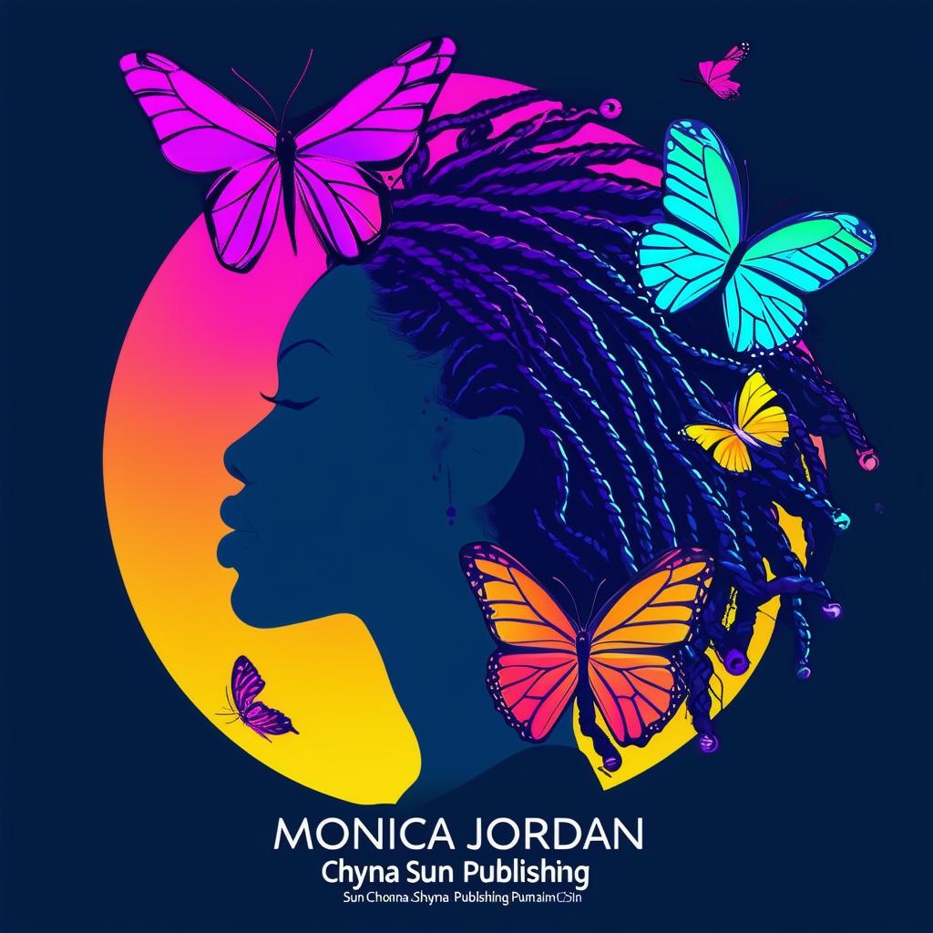 A vibrant and colorful logo for a book cover featuring a silhouette of a woman with dreadlocks, butterflies, a book, and the names 'Monica Jordan' and 'Chyna Sun Publishing'