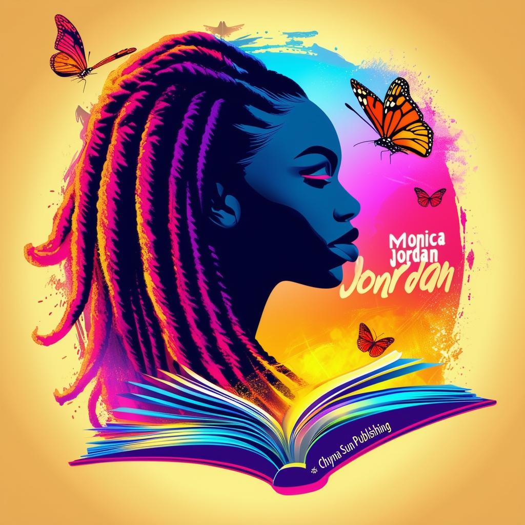 A vibrant and colorful logo for a book cover featuring a silhouette of a woman with dreadlocks, butterflies, a book, and the names 'Monica Jordan' and 'Chyna Sun Publishing'