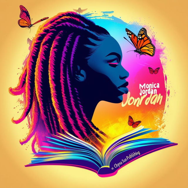 A vibrant and colorful logo for a book cover featuring a silhouette of a woman with dreadlocks, butterflies, a book, and the names 'Monica Jordan' and 'Chyna Sun Publishing'