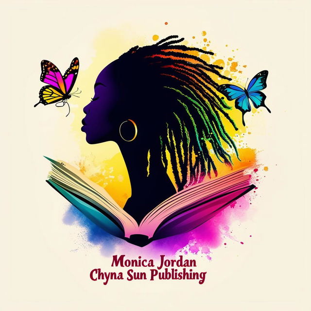 A vibrant and colorful logo for a book cover featuring a silhouette of a woman with dreadlocks, butterflies, a book, and the names 'Monica Jordan' and 'Chyna Sun Publishing'