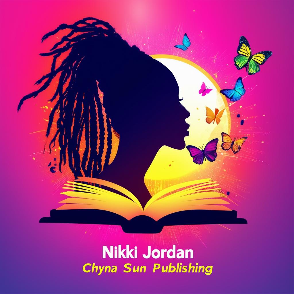 A vibrant and colorful logo for a book cover featuring a silhouette of a woman with dreadlocks, butterflies, a book, and the names 'Nikki Jordan' and 'Chyna Sun Publishing'