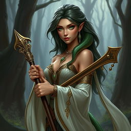 A female bard with light brown skin and green eyes