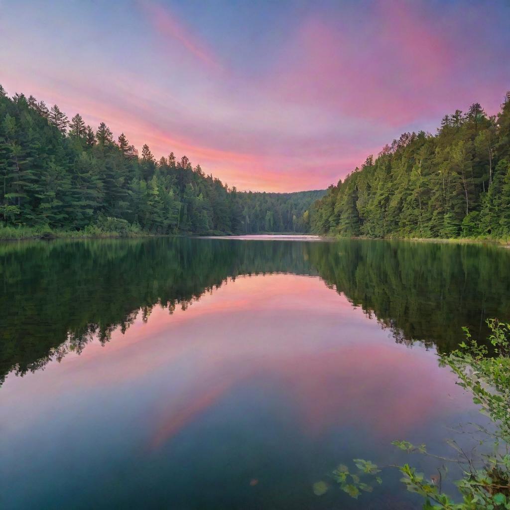 A serene sunset over a tranquil forest lake, the colors of the sky and the rippling water perfectly harmonizing with each other, creating a mesmerizing scene.